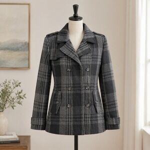 Jack & Jones Mens Babo Wool Blend Plaid Pea‎ Coat Jacket Grey Black